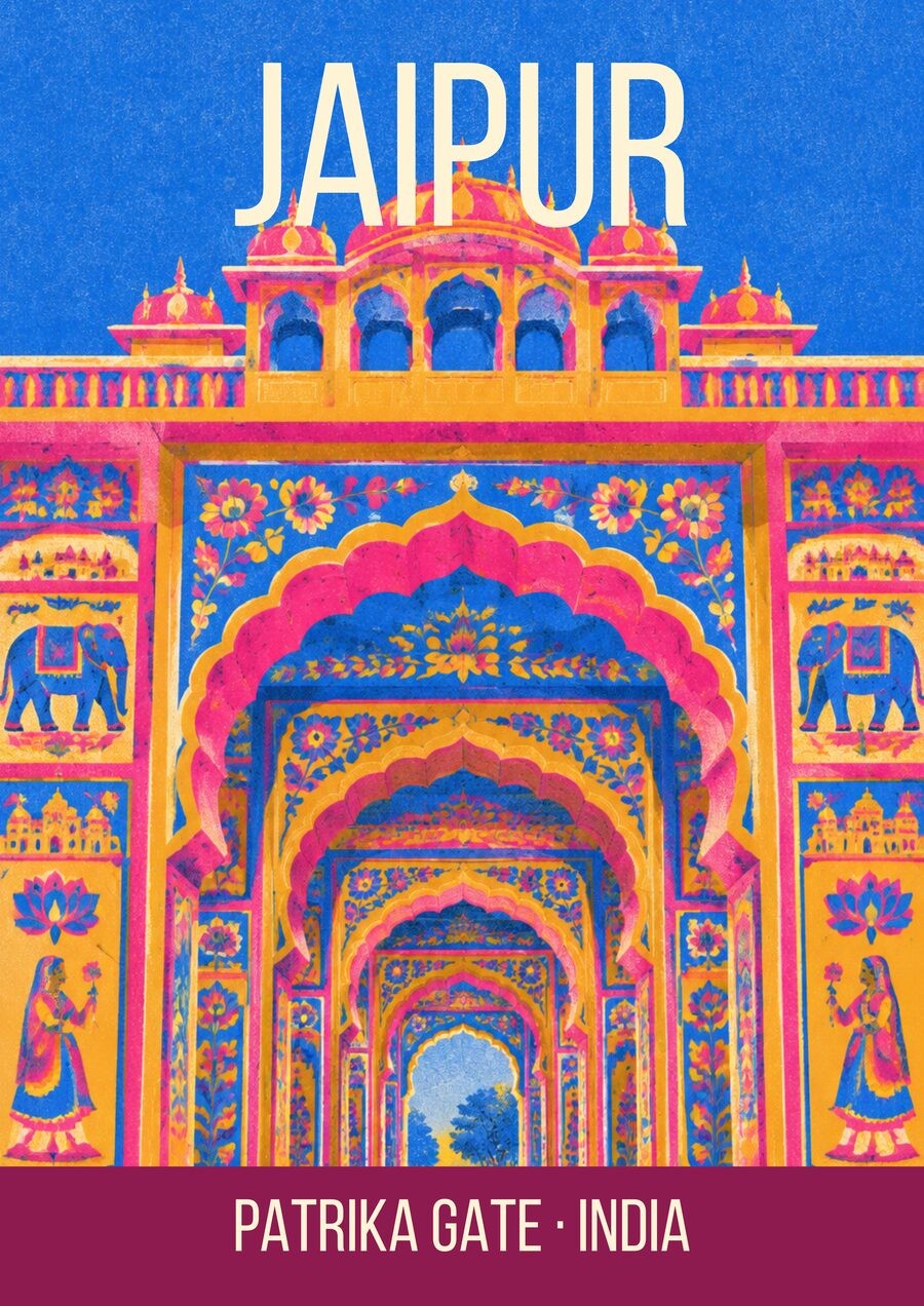 Patrika Gate Jaipur art print, painted arches in pink, blue and saffron