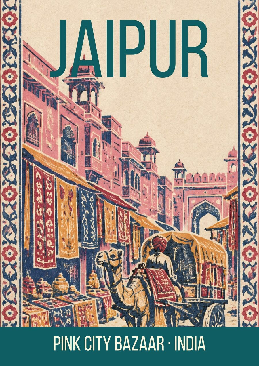 Pink City Bazaar Jaipur art print, block print of the old city arcades