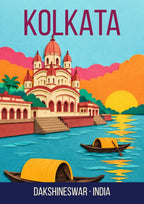 Dakshineswar Kolkata art print, paper-cut temple and ghats at sunset