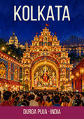 Durga Puja Kolkata art print, lit pandal at night with the goddess