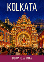 Durga Puja Kolkata art print, lit pandal at night with the goddess