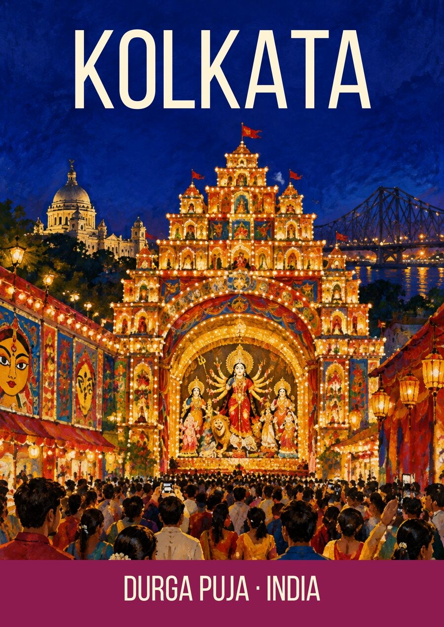 Durga Puja Kolkata art print, lit pandal at night with the goddess