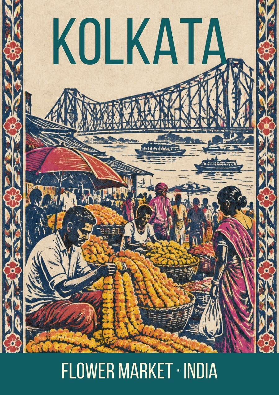 Flower Market Kolkata art print, block print with marigold garlands