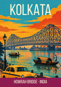 Howrah Bridge Kolkata art print, steel bridge at sunset with a yellow taxi