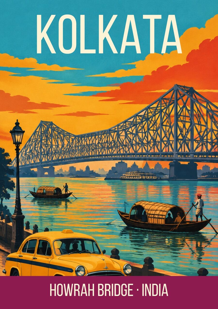 Howrah Bridge Kolkata art print, steel bridge at sunset with a yellow taxi