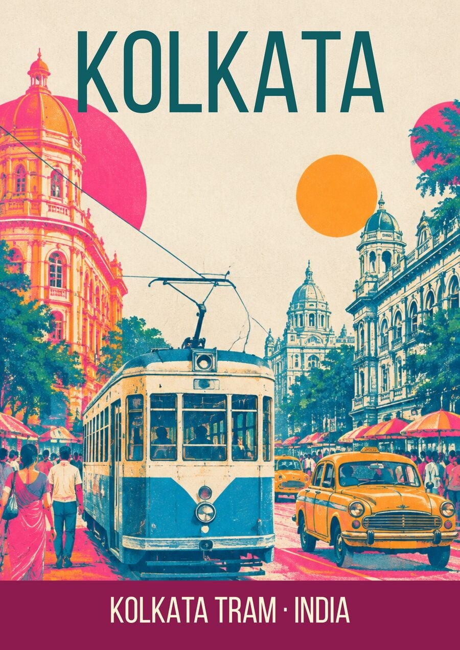 Kolkata Tram art print, cream and blue tram among pink colonial facades