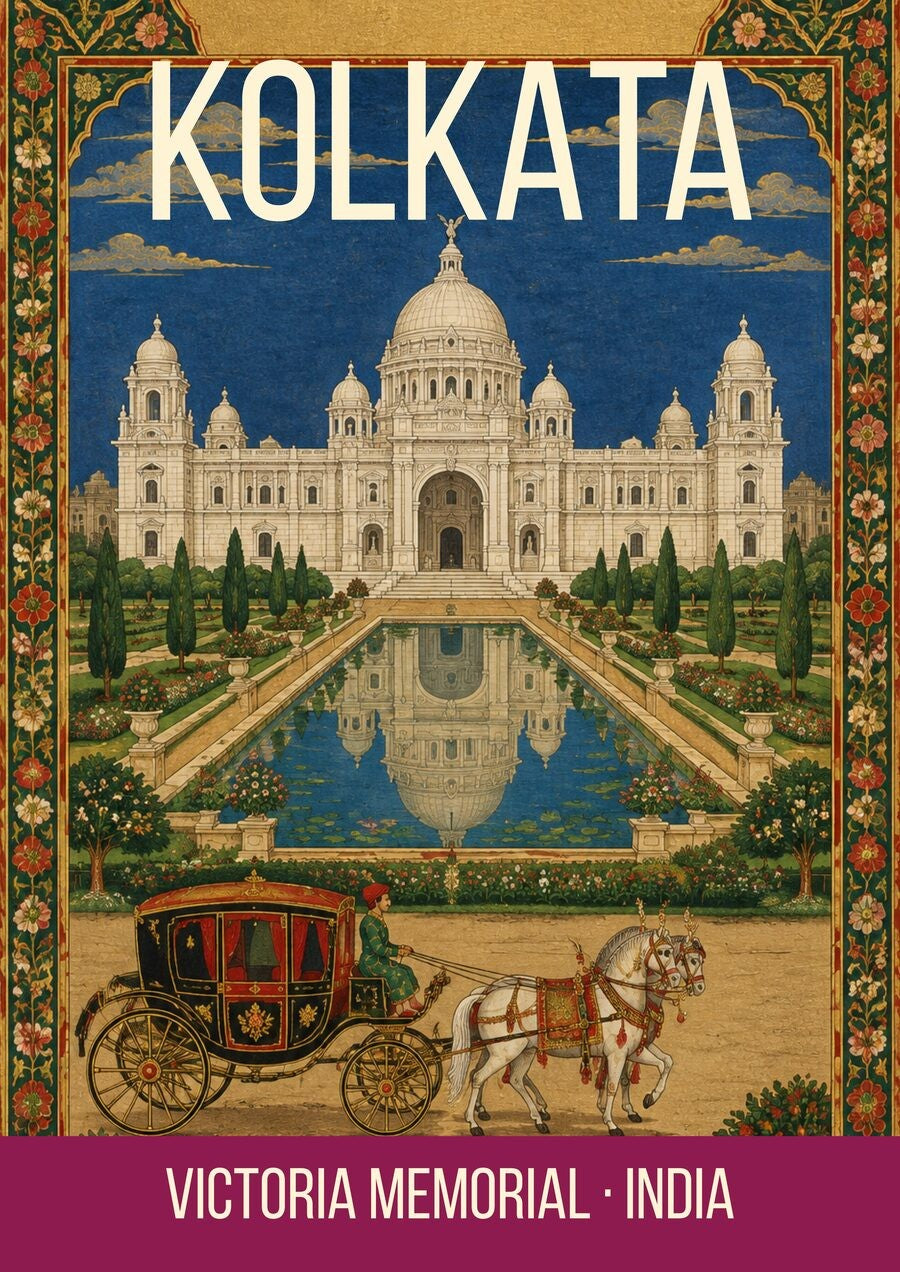 Victoria Memorial Kolkata art print, white marble memorial and gardens