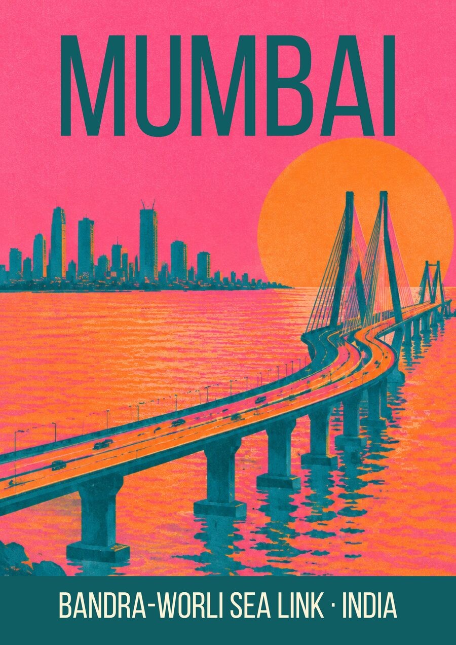 Bandra-Worli Sea Link Mumbai art print, flat graphic teal cable-stayed bridge under a hot pink sky