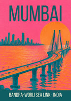Bandra-Worli Sea Link Mumbai art print, flat graphic teal cable-stayed bridge under a hot pink sky