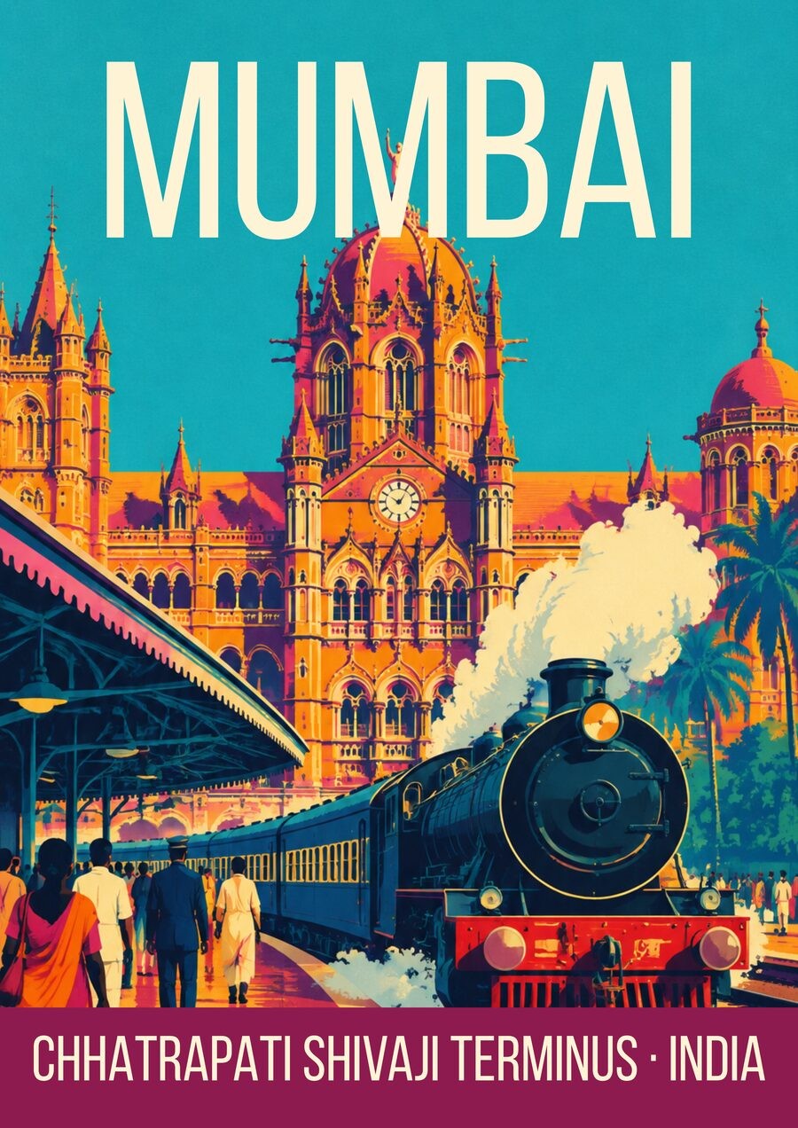Chhatrapati Shivaji Terminus Mumbai art print, Gothic station with steam train