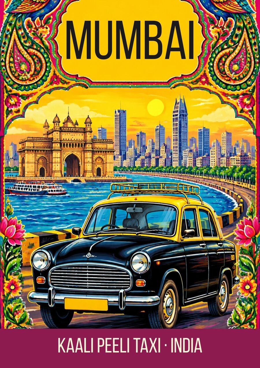 Kaali Peeli Taxi Mumbai art print, truck-art style black and yellow taxi