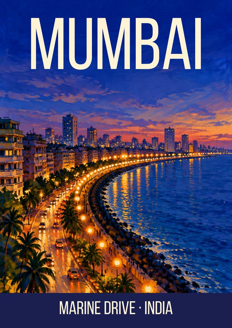 Marine Drive Mumbai art print, painterly dusk scene of the Queen's Necklace curving round the bay
