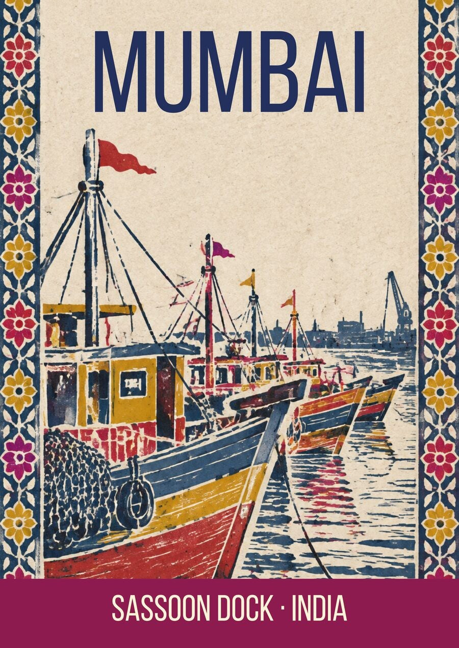 Sassoon Dock Mumbai art print, block print of fishing boats and nets