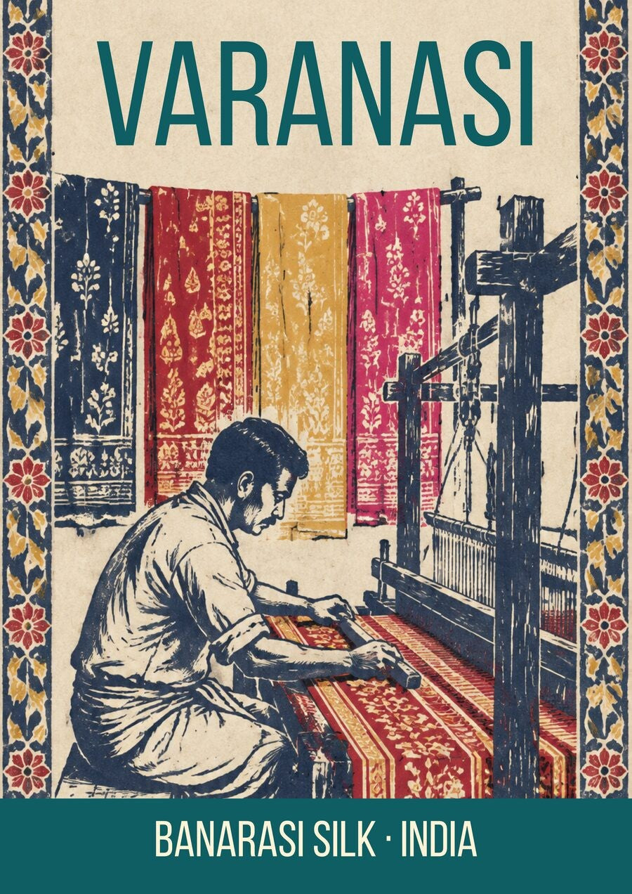 Banarasi Silk Varanasi art print, indigo block print style weaver at a handloom with silks hanging