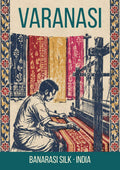 Banarasi Silk Varanasi art print, indigo block print style weaver at a handloom with silks hanging