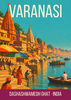 Dashashwamedh Ghat Varanasi art print, mid-century travel poster style ghat steps in turquoise with striped umbrellas