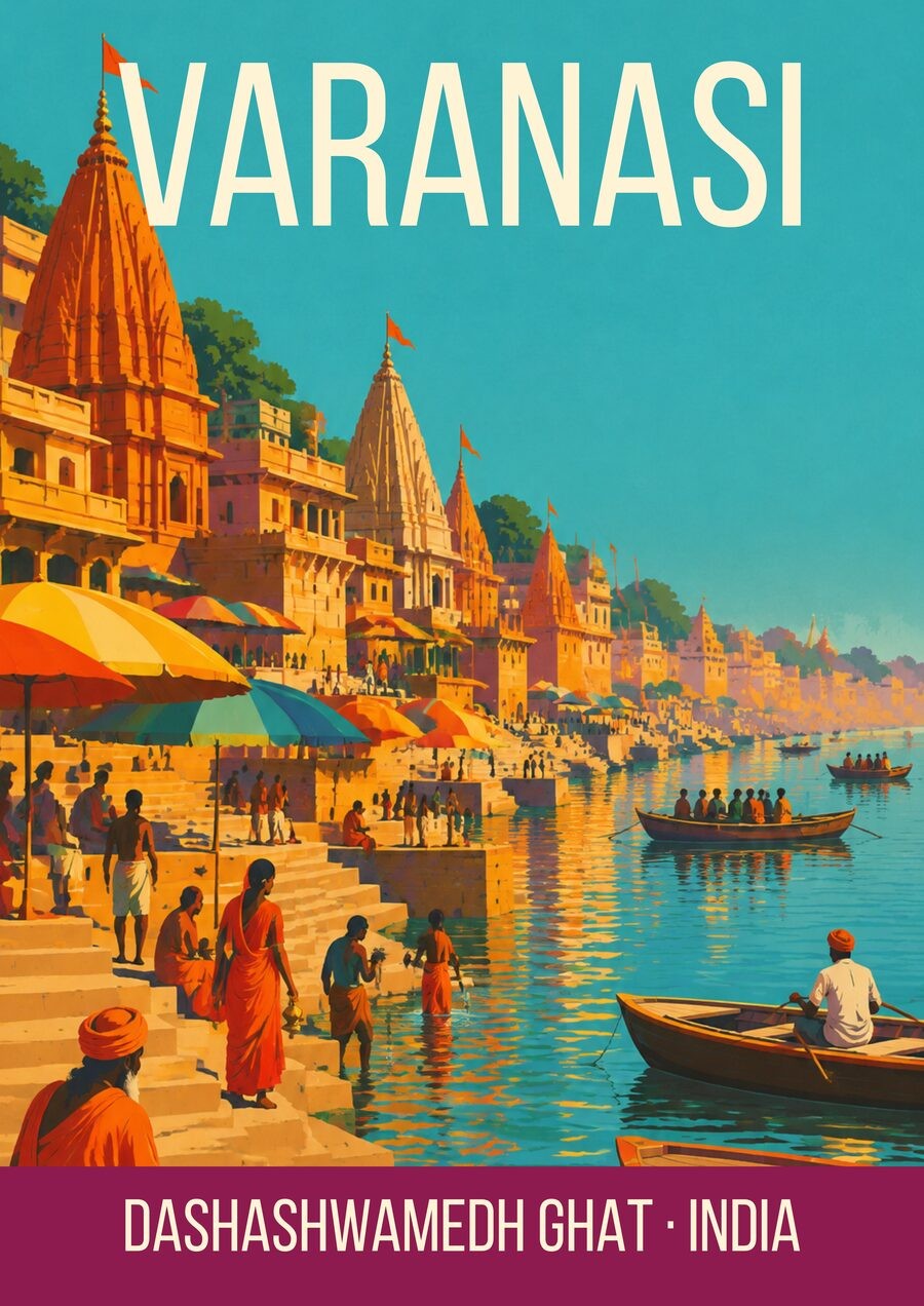 Dashashwamedh Ghat Varanasi art print, mid-century travel poster style ghat steps in turquoise with striped umbrellas