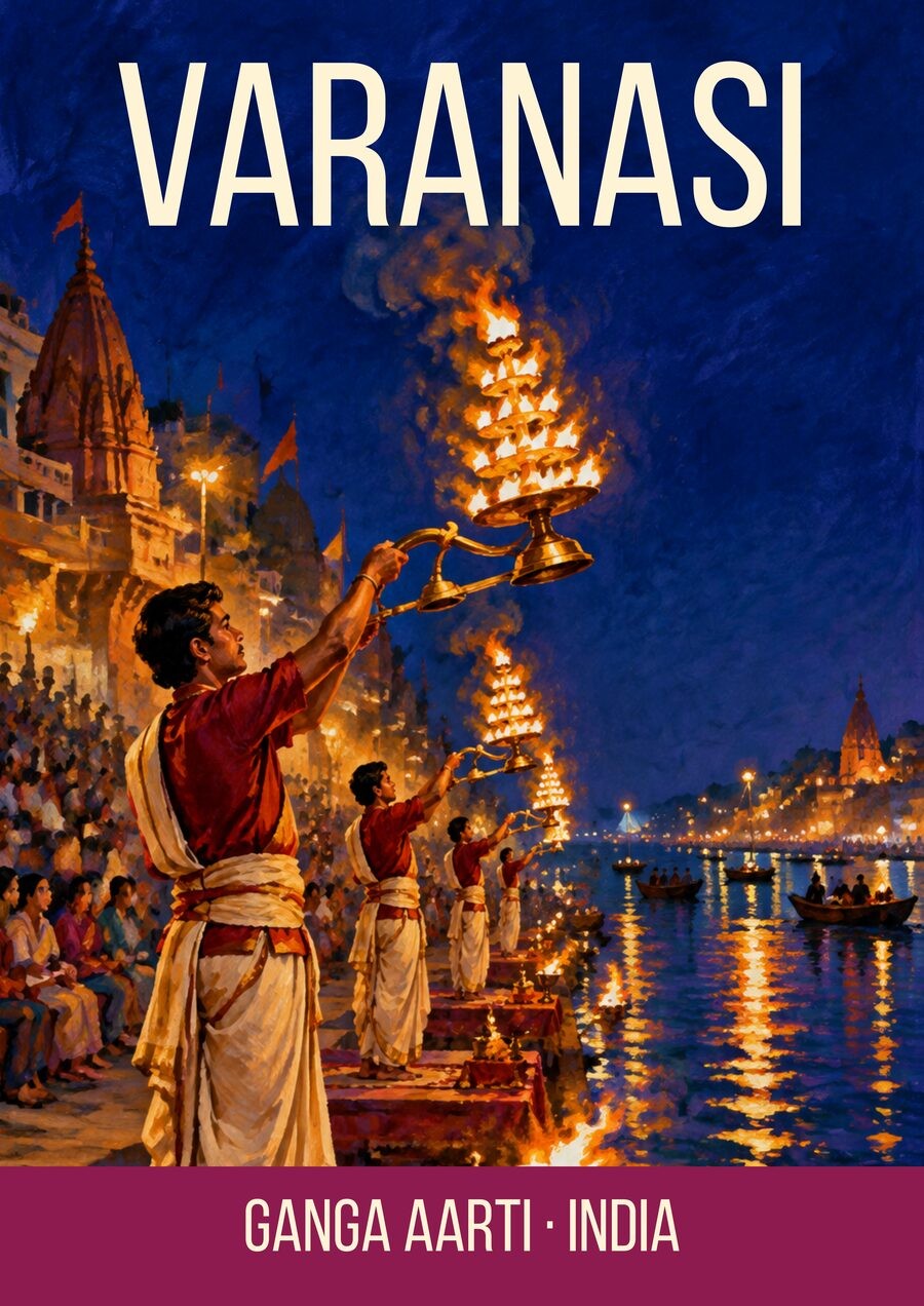Ganga Aarti Varanasi art print, painterly night scene of fire lamps raised above a crowd