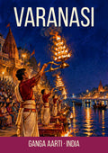Ganga Aarti Varanasi art print, painterly night scene of fire lamps raised above a crowd