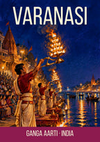 Ganga Aarti Varanasi art print, painterly night scene of fire lamps raised above a crowd