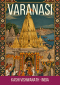 Kashi Vishwanath Varanasi art print, Mughal miniature style gold temple spire framed by marigolds