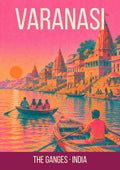 The Ganges Varanasi art print, flat graphic river scene in pink and orange with wooden boats