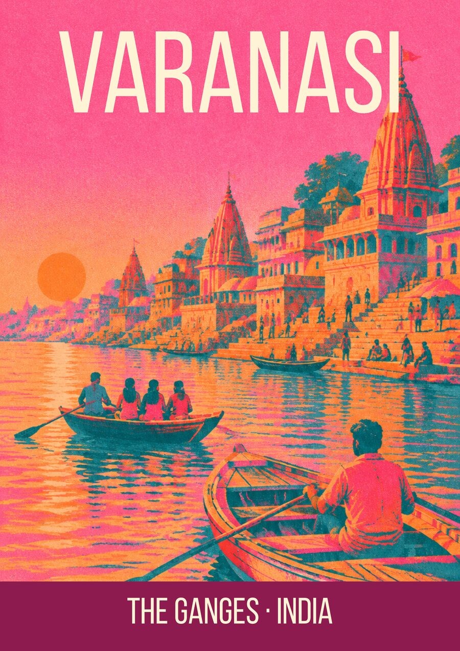 The Ganges Varanasi art print, flat graphic river scene in pink and orange with wooden boats