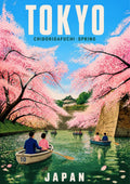 Chidorigafuchi Boats — Japan Cherry Blossom Season art print: bright poster of rowing boats drifting on a green moat beneath heavy pink cherry blossom branches, with a stone rampart and white castle turret under a clear blue sky, labelled TOKYO