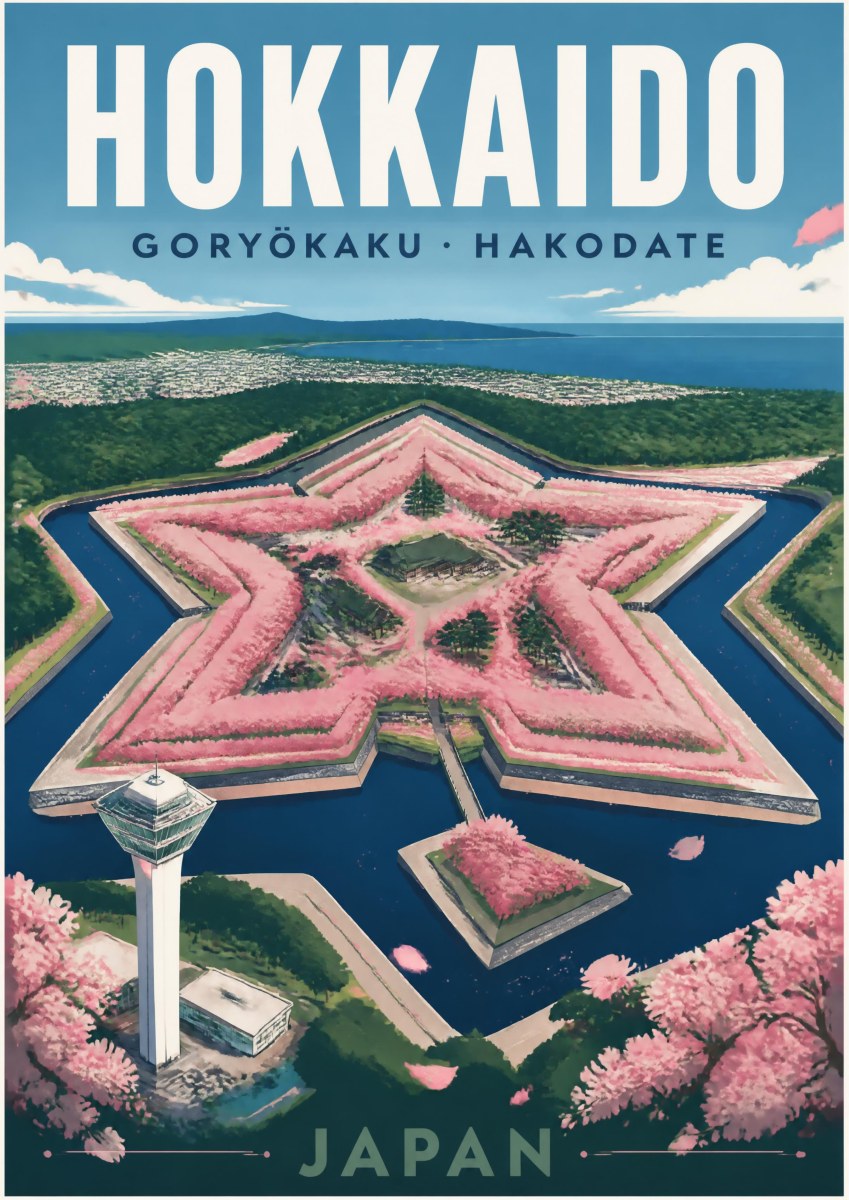 Goryokaku Hoshi — Japan Cherry Blossom Season art print: aerial view of the star-shaped Goryokaku fort in Hakodate, its moat ringed with pink cherry blossom, the white observation tower in the foreground under a blue sky with clouds