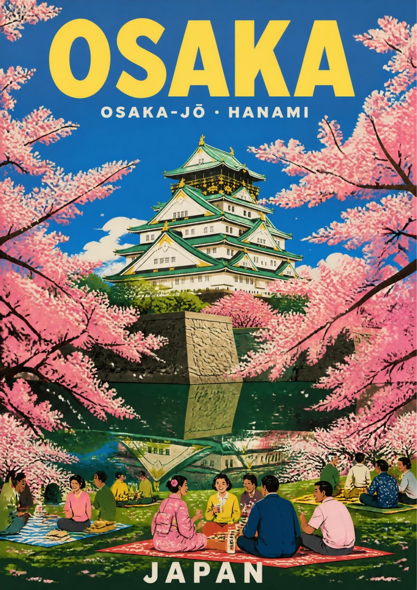 Hanami at the Castle — Japan Cherry Blossom Season art print: vivid illustration of Osaka Castle's green-roofed keep on its stone base, framed by pink cherry branches, with families picnicking on mats in the park below