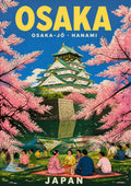 Hanami at the Castle — Japan Cherry Blossom Season art print: vivid illustration of Osaka Castle's green-roofed keep on its stone base, framed by pink cherry branches, with families picnicking on mats in the park below