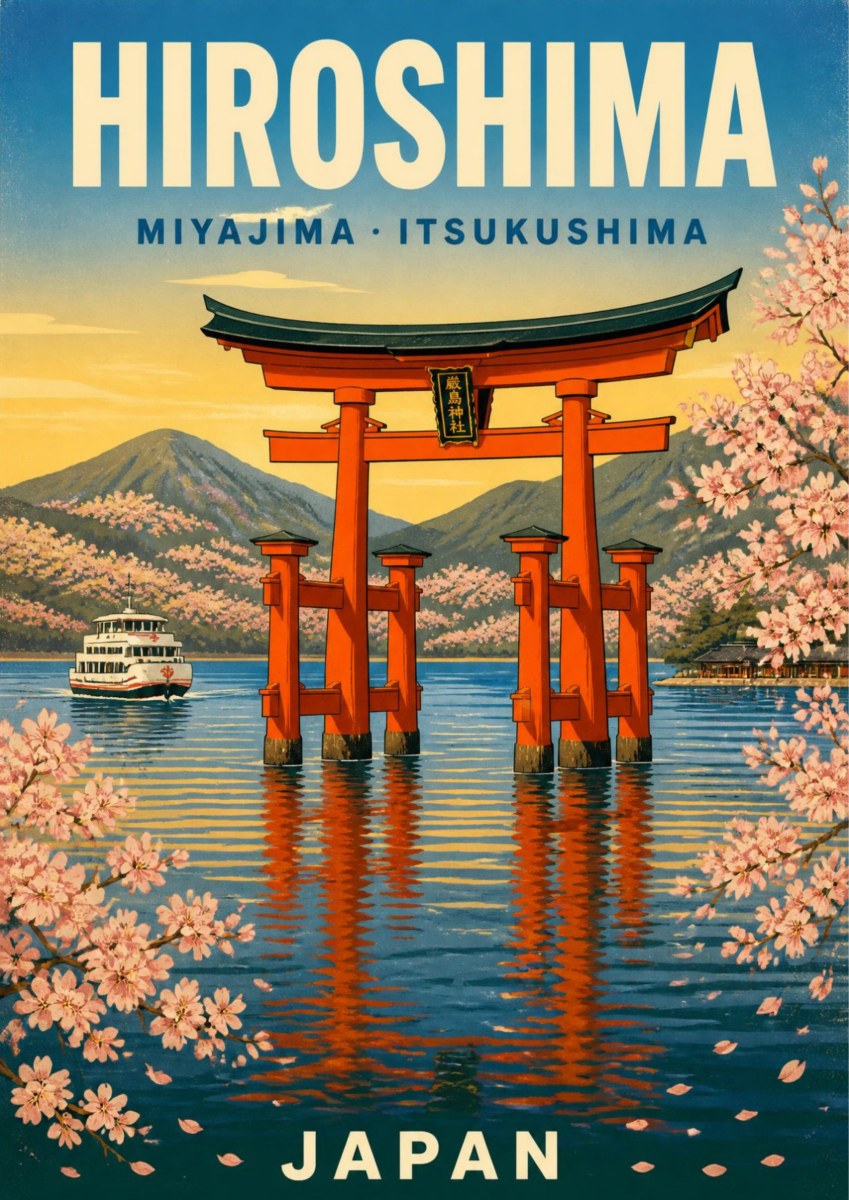 Itsukushima Torii — Japan Cherry Blossom Season art print: retro poster of the vermilion floating torii gate standing in calm blue water at Miyajima, a small ferry passing by, blossom branches at the edges and mountains behind