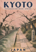 Tetsugaku no Michi — Japan Cherry Blossom Season art print: muted pastel scene of the Philosopher's Path in Kyoto, a stone walkway beside a narrow canal lined with pale blossom trees and a wooden building, with a Japanese inscription stone