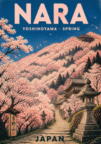 Yoshinoyama Senbonzakura — Japan Cherry Blossom Season art print: woodblock-style view of a stone stairway lined with lanterns climbing through a hillside blanketed in pale pink cherry trees, with temple roofs on the slope, labelled NARA