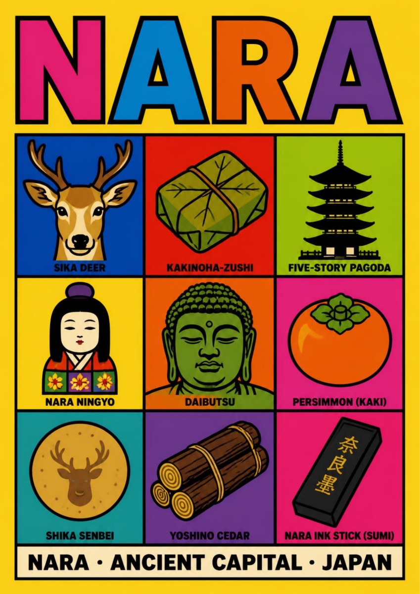 Deer & Daibutsu — Nara art print: pop-art grid of nine labelled Nara emblems on a yellow ground: sika deer, kakinoha-zushi, the five-storey pagoda, a Nara ningyo doll, the Great Buddha, a persimmon, shika senbei crackers, Yoshino cedar logs and a Nara ink stick