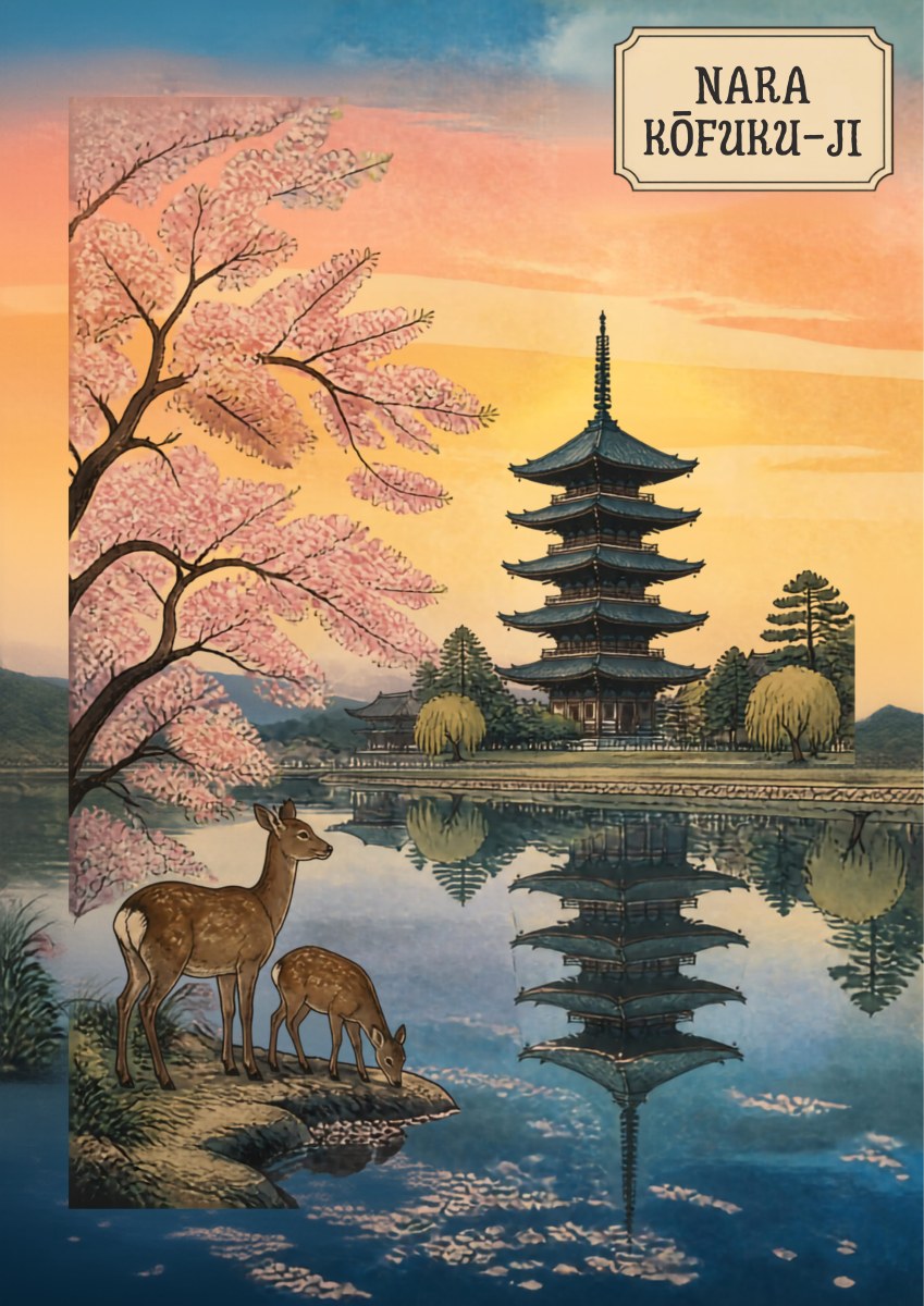 Kofuku-ji Sakura — Nara art print: woodblock-style scene of the five-storey pagoda of Kofuku-ji mirrored in still water at dusk, framed by pink cherry blossom with two deer on the near bank