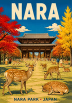 Momiji Park — Nara art print: nara Park in autumn with a large wooden temple gate, crowds of tame sika deer on the grass and flaming red maple and golden ginkgo trees under a bright blue sky