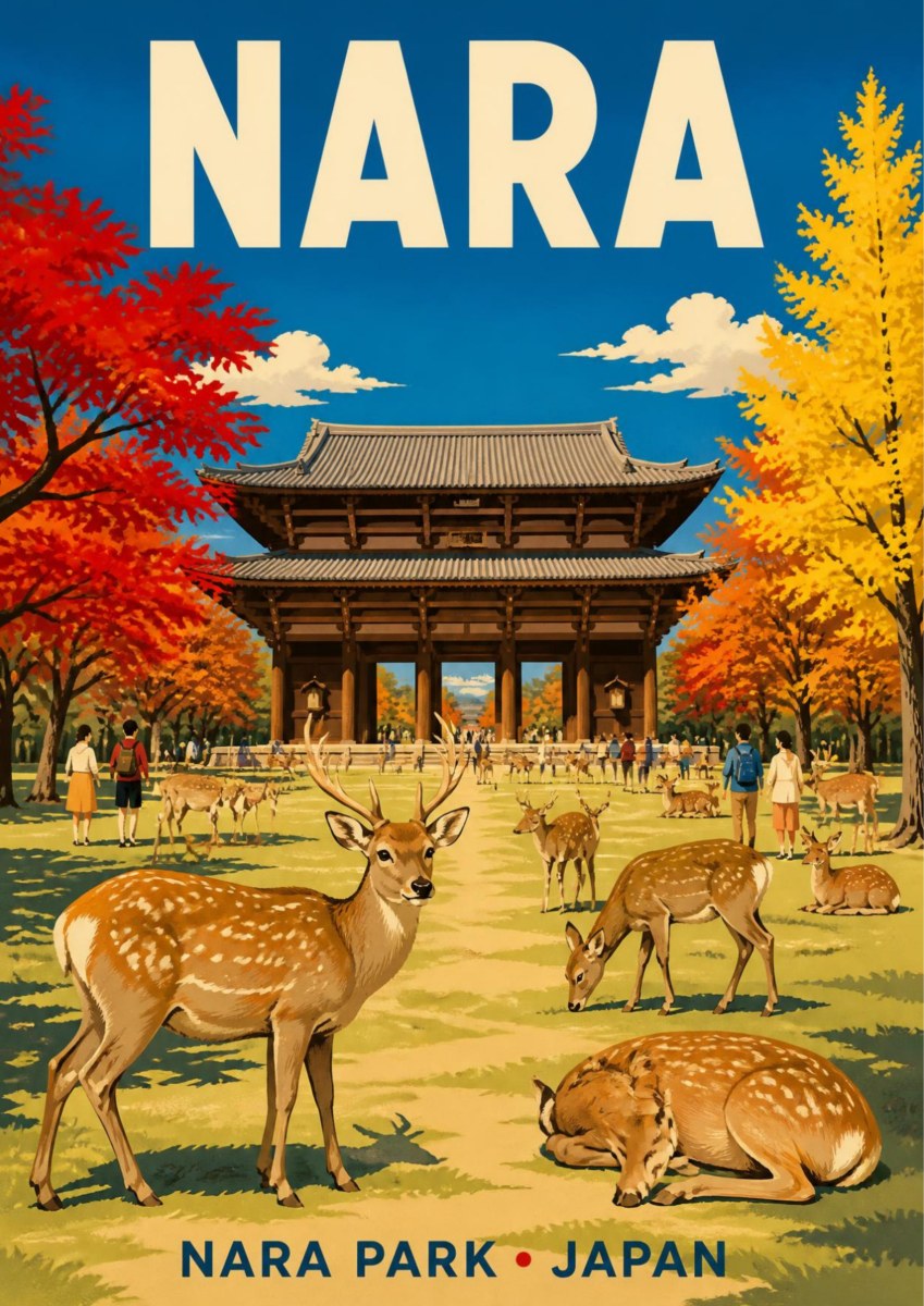 Momiji Park — Nara art print: nara Park in autumn with a large wooden temple gate, crowds of tame sika deer on the grass and flaming red maple and golden ginkgo trees under a bright blue sky