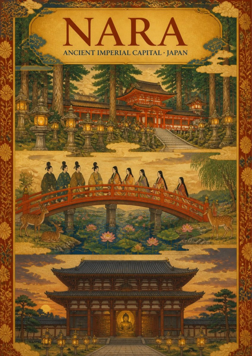Sando Triptych — Nara art print: ornate three-panel illustration stacked vertically: a lantern-lit vermilion shrine hall in the cedars, black-robed monks crossing an arched red bridge over a lotus pond, and a golden Buddha glowing inside a dark temple hall