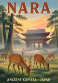 Shika no Asa — Nara art print: sika deer grazing in misty morning light before a wooden temple gate among tall cedar trunks, in soft golden and green tones with the title 'Nara - Ancient Capital'