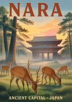 Shika no Asa — Nara art print: sika deer grazing in misty morning light before a wooden temple gate among tall cedar trunks, in soft golden and green tones with the title 'Nara - Ancient Capital'