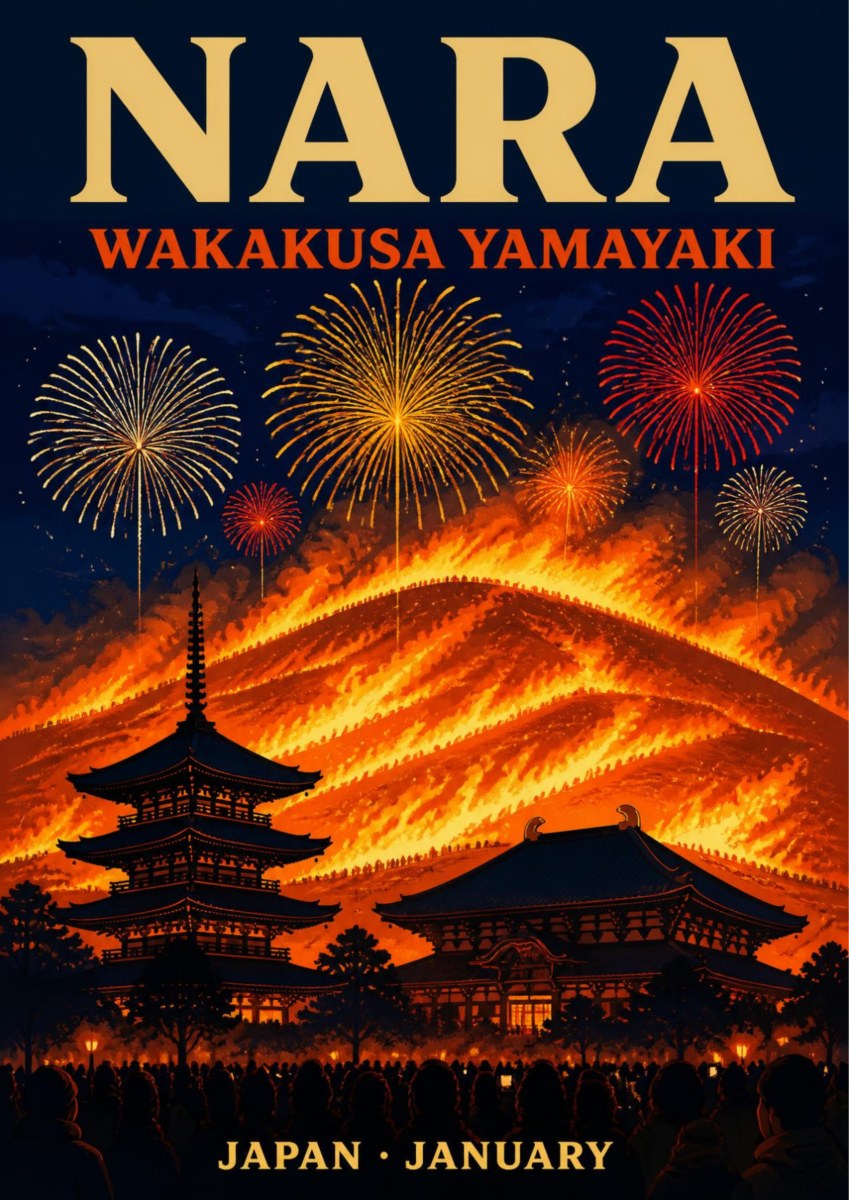 Yamayaki — Nara art print: the Wakakusa Yamayaki festival at night, with the hillside ablaze in orange flame, fireworks bursting over a silhouetted pagoda and temple hall, and a crowd watching below