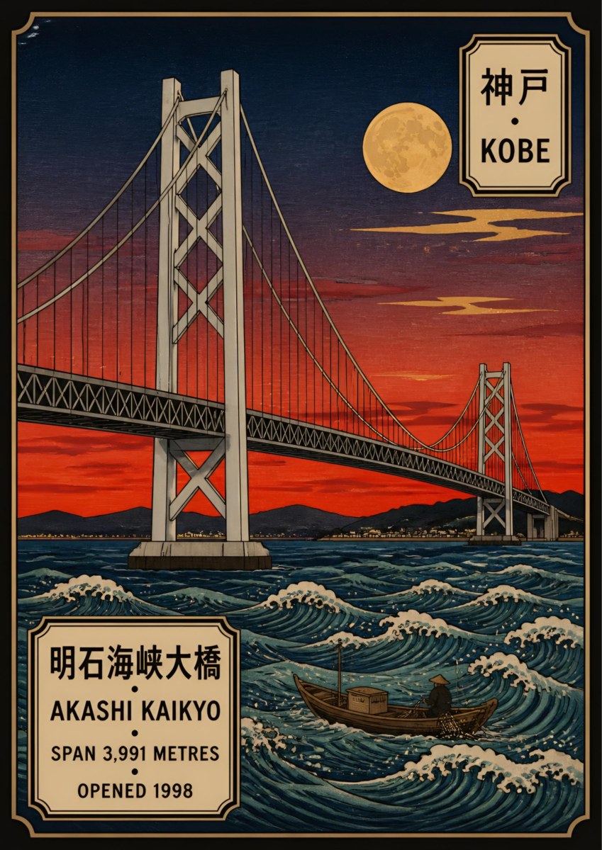 Akashi Kaikyo — Kobe art print: the Akashi Kaikyo suspension bridge over woodblock-style waves under a crimson sky and full moon
