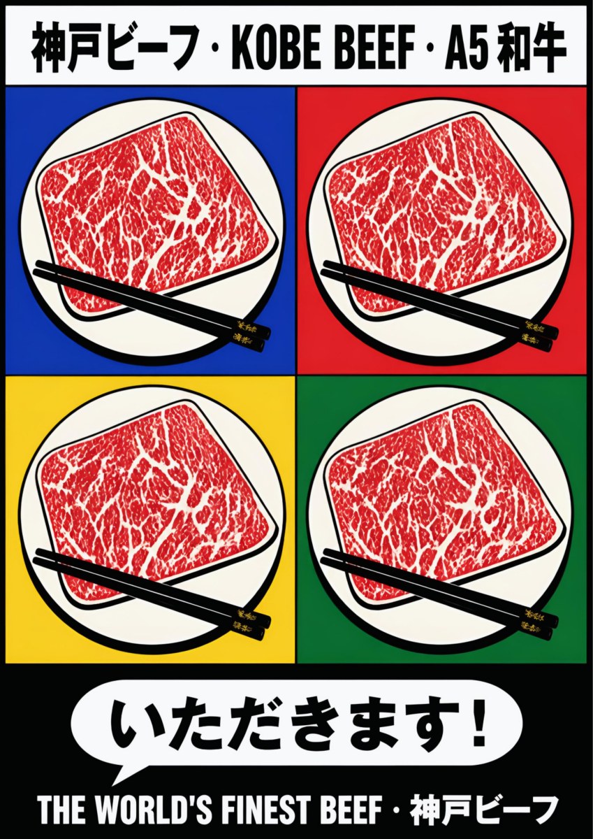 Kobe Beef — Kobe art print: four pop-art panels of marbled A5 wagyu steaks with chopsticks on blue, red, yellow and green grounds