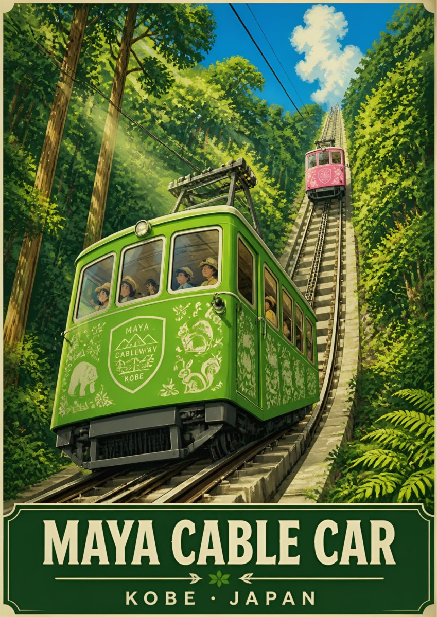 Maya Cable Car — Kobe art print: a green vintage funicular car climbing a steep track through lush forest, pink car descending above