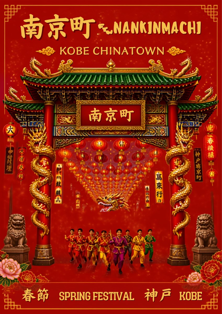 Nankinmachi — Kobe art print: the red and gold Chinatown gate hung with lanterns, dragon columns and a lion dance troupe below