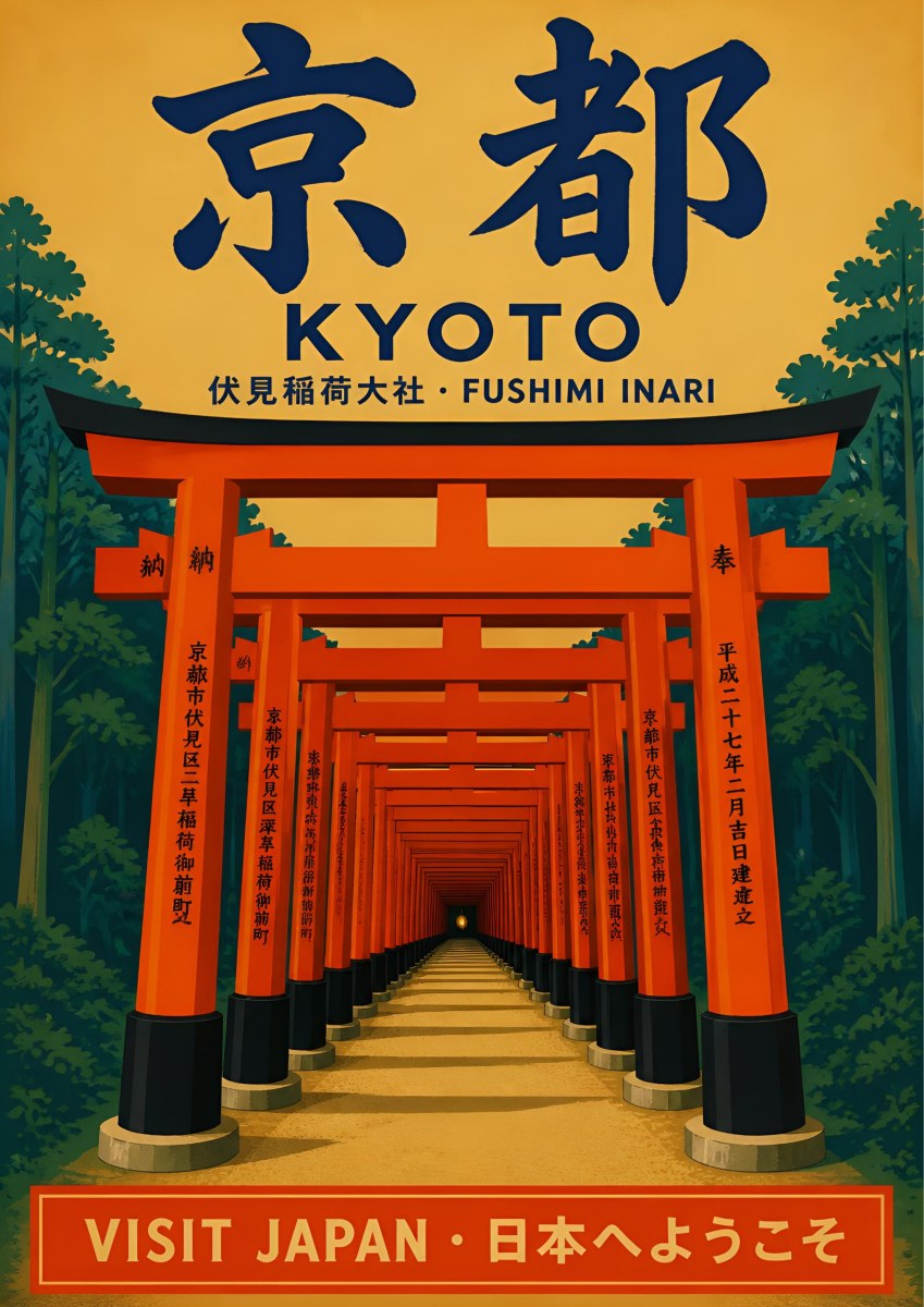 Fushimi Inari — Kyoto art print: tunnel of vermilion torii gates receding into green forest, warm ochre ground