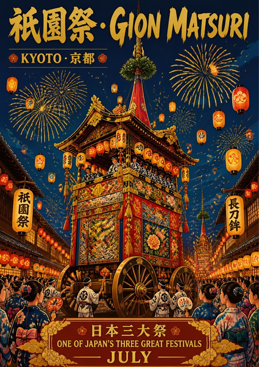 Gion Matsuri — Kyoto art print: a towering illuminated festival float pulled through a lantern-lit Gion street, fireworks in the navy sky