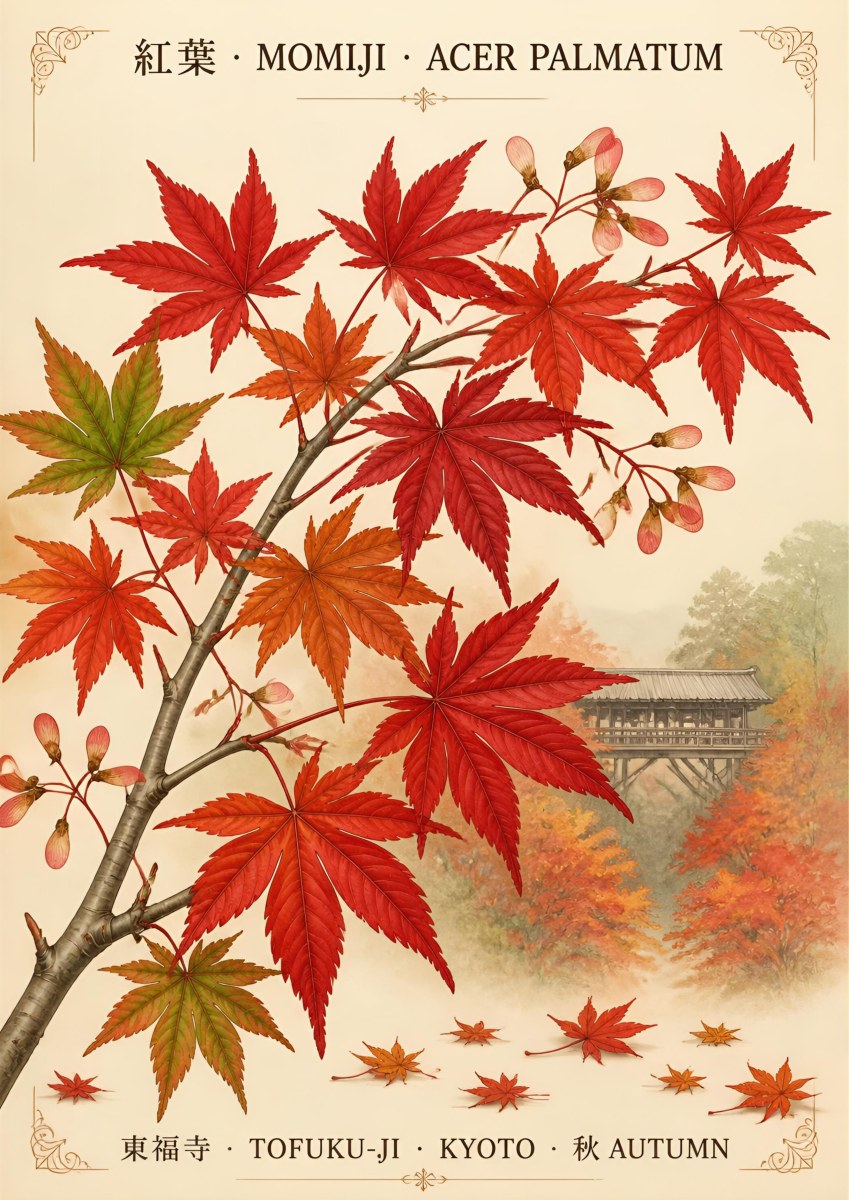 Momiji — Kyoto art print: botanical study of scarlet Japanese maple leaves over a misty Tofuku-ji bridge and autumn valley, cream ground