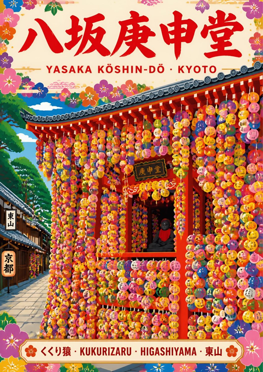 Yasaka Koshin-Do — Kyoto art print: the little Higashiyama temple hung with hundreds of multicoloured kukurizaru cloth balls, bright blue sky